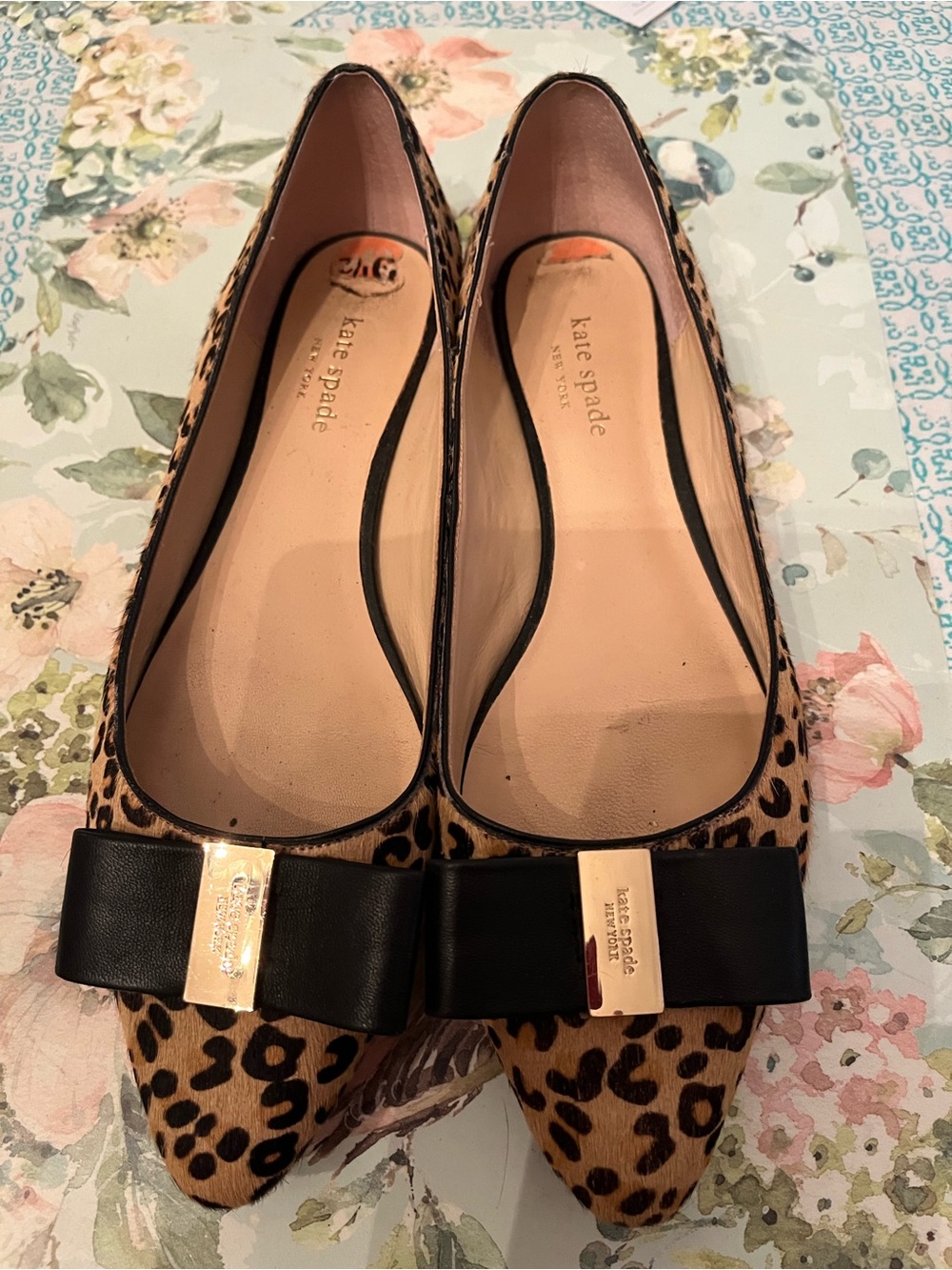 kate spade Leopard Print Pointed Flats with Black Bow and Gold Accent